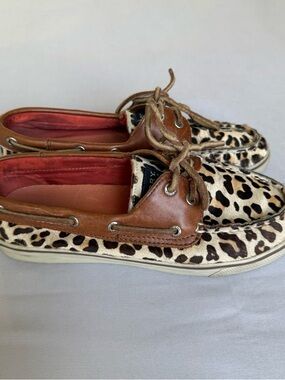 Sperry Leopard Print Boat Shoes with Brown Leather Trim